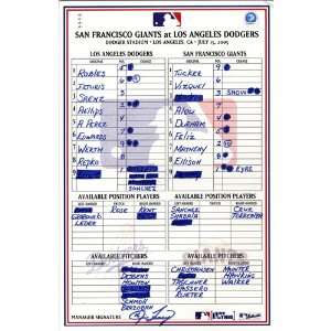  Giants vs. Dodgers 7 15 2005 Game Used Lineup Card 