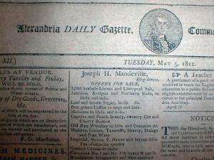 1812 Virginia newspaper w RUNAWAY SLAVE AD Westmoreland  