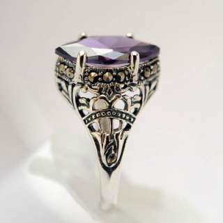 Marcasite and Amethyst .925 Sterling Silver Ring sz 7  