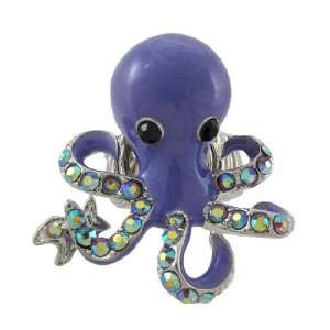  Silvertone Octopus Stretch Ring Rhinestone Accents 
