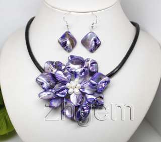 purple shell mother of pearl flower necklace set pendant bracelet 
