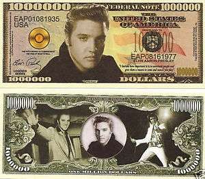 Elvis The King 1 Million Dollars Bill Note 2 for $1.00  