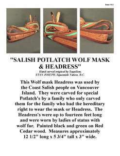 Signed on back Salish Potlatch Wolf Mask, Handcarved March 04, by 