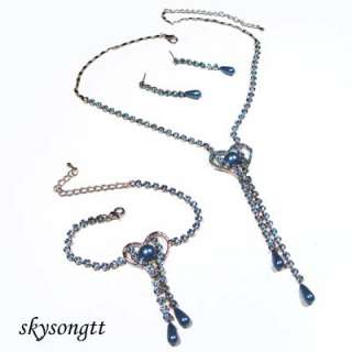 Blue Crystal Bead Necklace Bracelet Earrings Set S1387N  