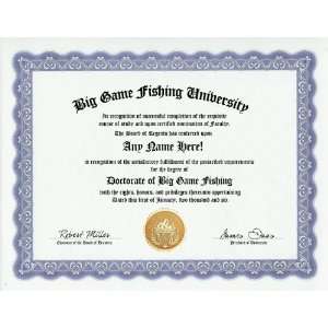 Big Game Fishing Degree Custom Gag Diploma Doctorate Certificate 