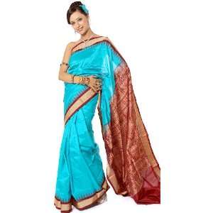  Deep Sky Blue Bomkai Sari with Dense Weave on Anchal and 