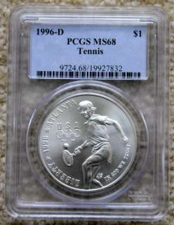 1996D Olympic Tennis UNC  $1 Silver Coin Graded MS68  