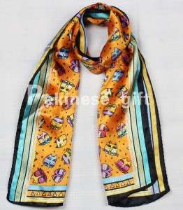 New Orange Yellow 100% Silk Oblong Neck Scarf Cats Face  