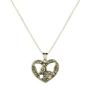 Marcasite Butterfly on Heart Pendant on Sterling Silver Chain Necklace 