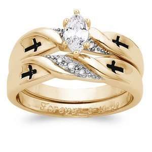 18K Gold over Sterling Marquise Cubic Zirconia CZ & Diamond Cross 