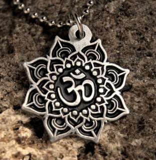 Pewter OM Lotus Pendant Necklace Hindu Jewelry  