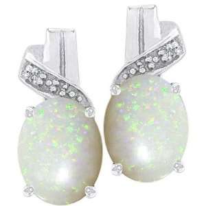   Gold Genuine Oval Opal and Diamond Earrings(Metal=white gold): Jewelry