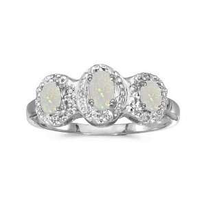  10k White Gold Oval Opal And Diamond Three Stone Ring 