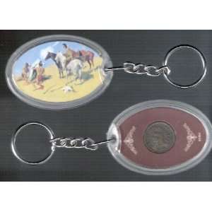 American Indian Keychain Smoke signals with Indian Head Cent on other 