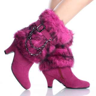 Womens Winter Boots Snow Mukluk Mid Calf Faux Suede Pink High Heels 