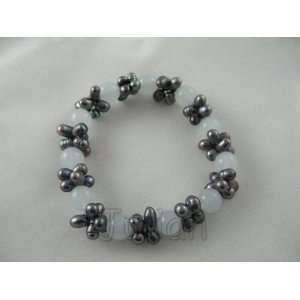  White Crystal Stone Black Freshwater Pearl Bracelet H003f 