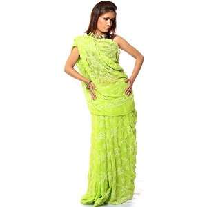 Lime Green Chikan Embroidered Sari from Lucknow with 
