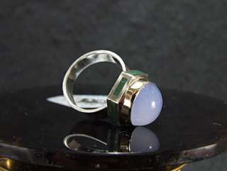 Blue Chalcedony. Chrysoprase Inlay Ring. 14K & Sterling. Size 8  