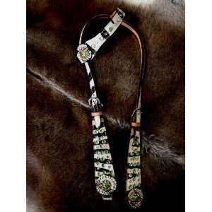   WESTERN LEATHER HEADSTALL TACK HAIRON GREEN BLING 