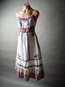   Folk Ethnic Spanish Floral Print Ruffle Lace White Cotton Sun Dress M