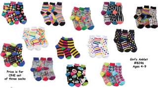 LittleMissMatched Socks, ANKLETS, Set of 3, Girls Ages 4 9  