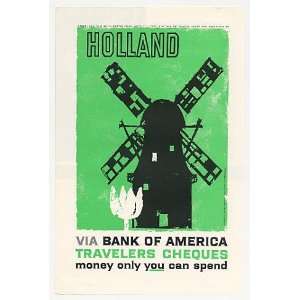 1959 Holland Windmill art Bank of America Travelers Cheques Print Ad
