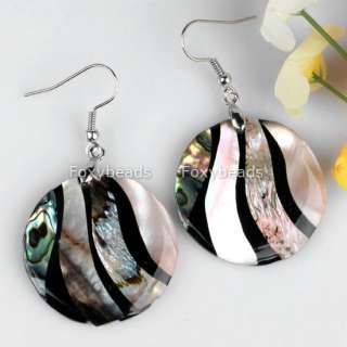 Pair Black + White + Abalone Shell Mixed MOP Hook Earrings Dangle 