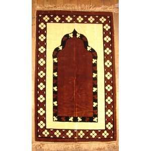  Plush Prayer Rug   Dark Brown and Beige Mihrab Islamic 