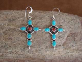 Navajo Indian Turquoise & Coral Cross Dangle Earrings!  