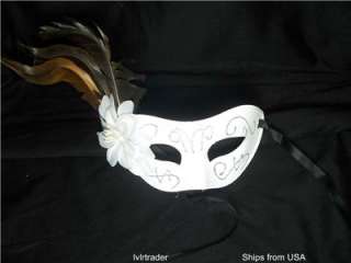 WHITE COLOR SIDE FLOWER FEATHER VENETIAN MASQUERADE MASK WITH 