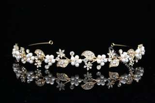 Gold Bridal Wedding Crystal Pearl Headband Tiara V665  