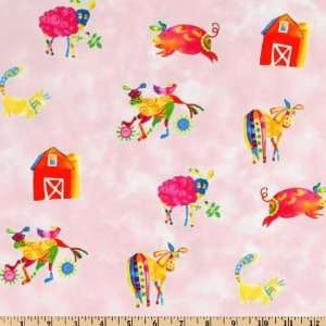  44 Wide Zany Barnyard Animals Light Pink Fabric By The 