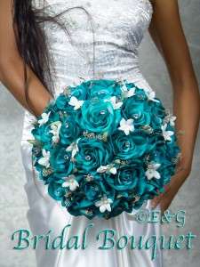   Wedding Bouquet Bouquets Bridesmaid Bridal Flowers Silk ANGELINA TEAL