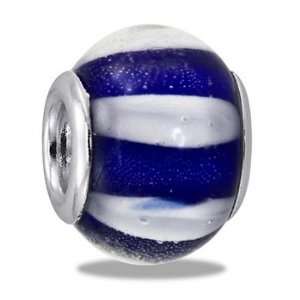 Unique Blue/White Striped Fimo Art Glass European/Memory Charm Double 