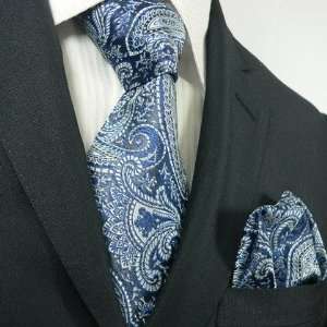 Landisun 86K Navy Blue Paisleys Mens Silk Tie Set: Tie+Hanky &Plastic 