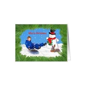  Christmas, Boy on Sled, Snow, Snowman, Rabbit Card Health 