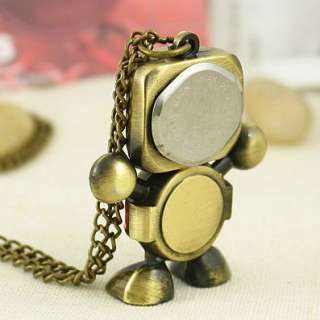 Cute Bronze Robot With Compass Pocket Watch Necklace  