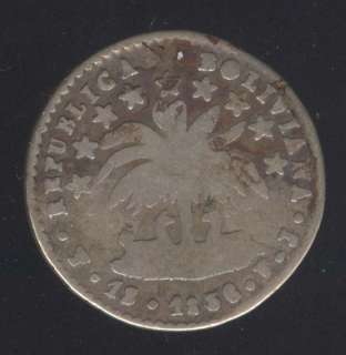BOLIVIA POTOSI 1 SOL 1856 FJ BOLIVAR SILVER COIN  