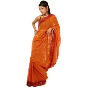  Orange and Maroon Sari with Parsi Embroidery   Georgette 