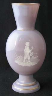 Lavender opaque MARY GREGORY art glass footed vase, 7 1/4 h.  