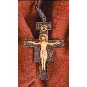 St Francis San Damiano Crucifix Pendant on Brown Cord Catholic Home 