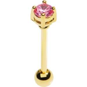  Gold Plated Pink CZ Prong Set Barbell Tongue Ring Jewelry