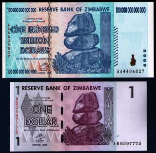 100 TRILLION ZIMBABWE DOLLARS + 1 DOLLAR BANK NOTES UNC  