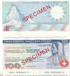 SWITZERLAND 100 SF BANKERS TRAVELLERS CHEQUE SPECIMEN  