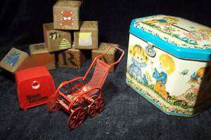 Vintage Toys   Tin 1940s Bank   Blocks, Doll, Carriage  