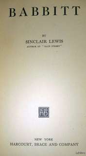 Babbitt ~ Sinclair Lewis ~ 1st/1st ~ Second Issue ~ 1922 ~ Nobel Prize 