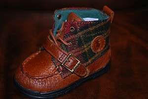 Baby Shoes: Ralph Lauren Layette..Tan/Plaid Leather Boot / 6 9 Mos 