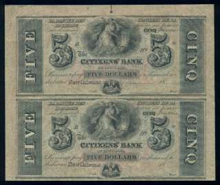 Obsolete) $5 Citizens Bank (Louisiana) Uncut Pair  UNC  