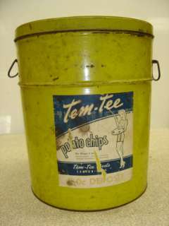 Vintage TEM TEE Potato Chips Tin 12x15 surface rust  