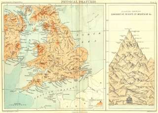 ENGLAND WALES PHYSICAL features; Mountains, 1892 map  